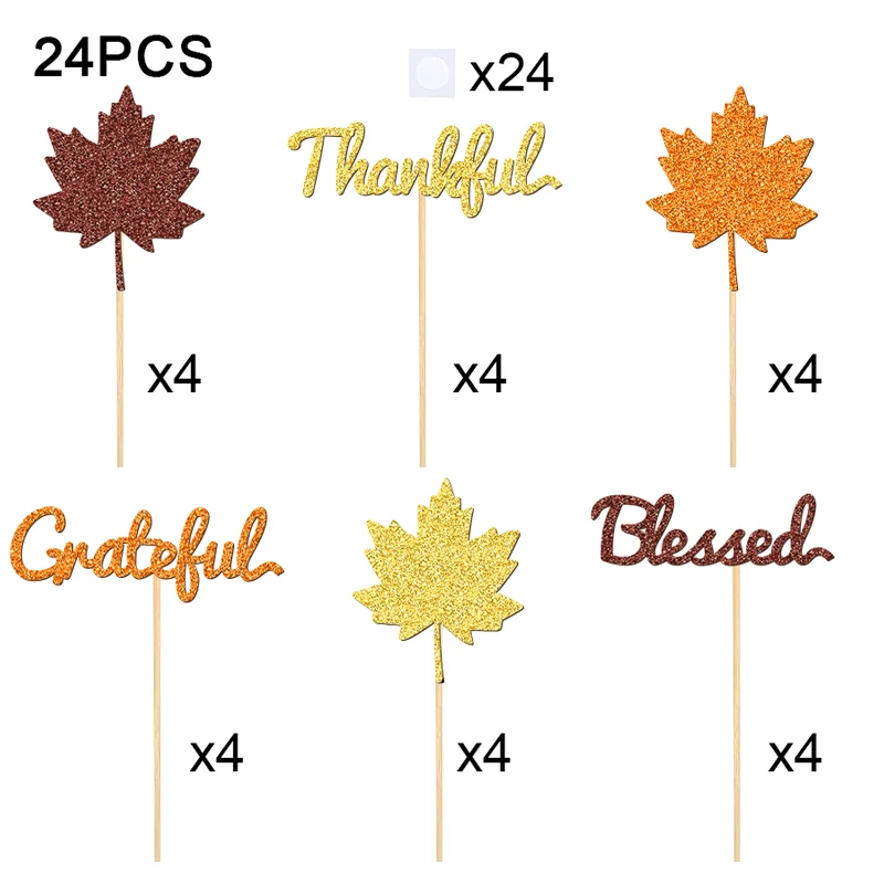 YOMDID 24 Adet Şükran Günü Tema Kek Toppers Cupcake Seçtikleri Akçaağaç Yaprağı ile Müteşekkir Minnettar ve Mübarek Tasarımlar Sonbahar Süslemeleri