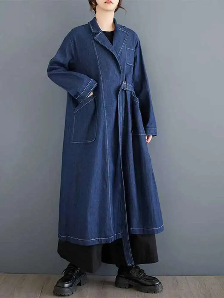 Description Picture 5 of itemSHENGPALAE Vintage Denim Long Windbreaker For Women Lace-up Pockets Solid Color Niche Design Loose Female New Trench Coat 5G355