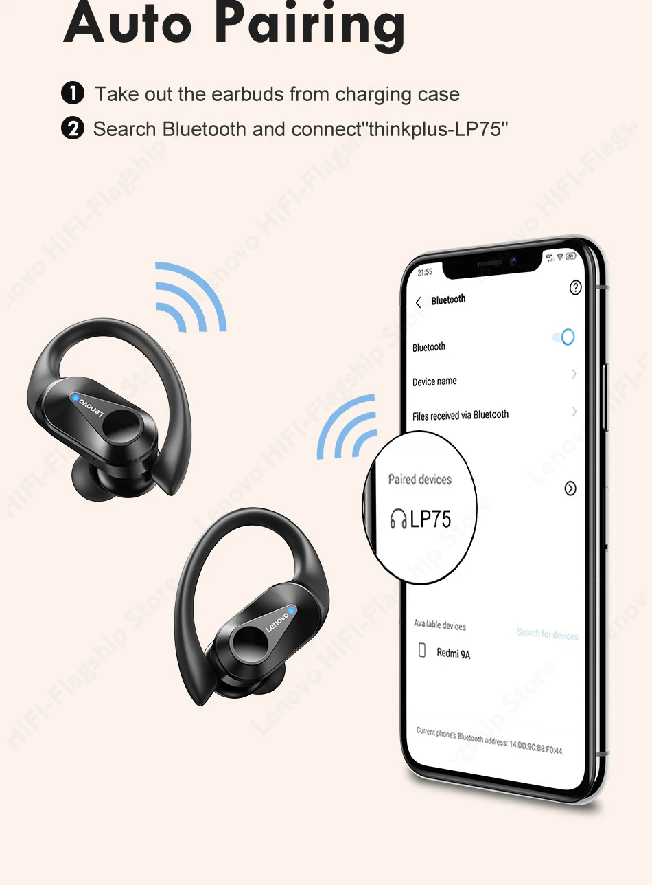 Lenovo LP75 Sports Bluetooth Earphones with Mics Bluetooth 5.3 Wireless Headphones HiFi Stereo Wireless Earbuds gaming headset