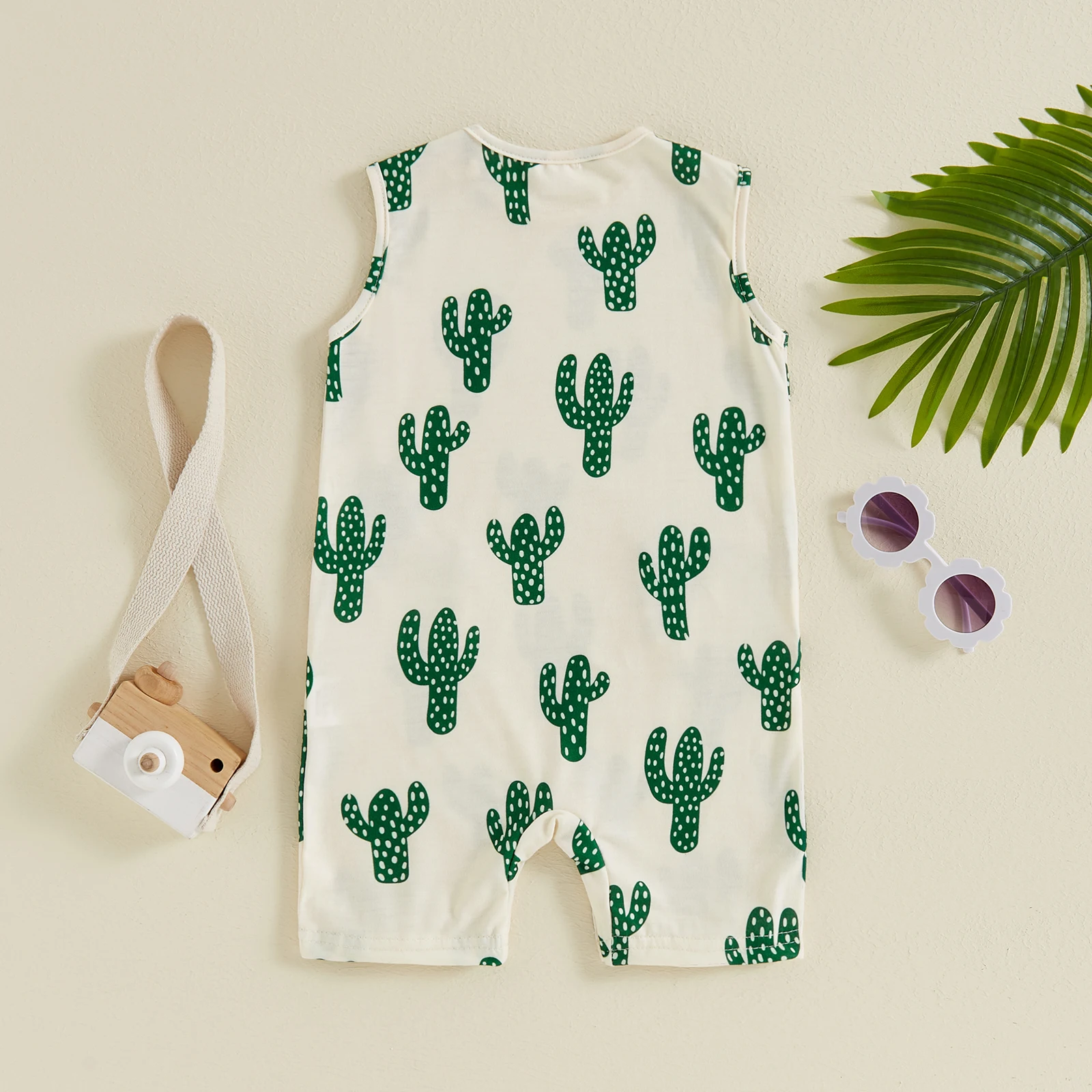 Summer Infant Baby Girl Boy Sleeveless Romper Casual Cactus Print Top Jumpsuit Pockets Overalls Clothes 3
