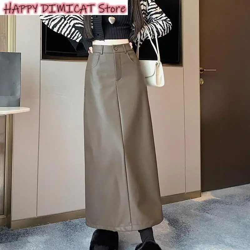 

High Waist A-Line Skirt Vintage Coffee Black Long Skirt for Women Casual Back Split Pu Leather Skirts Ladies Autumn Winter