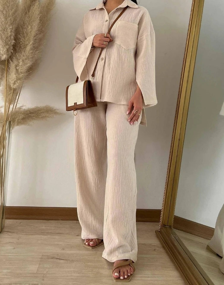 Women Vacation Set 2024 Spring Latest Casual Style Fashion Clear Color Wrinkled Long Sleeved Shirt High Waist Wide Leg Pants Set 2024 wall mounted calendar a3 planner work punch happiness edition 20239 202412 monthly clear printed