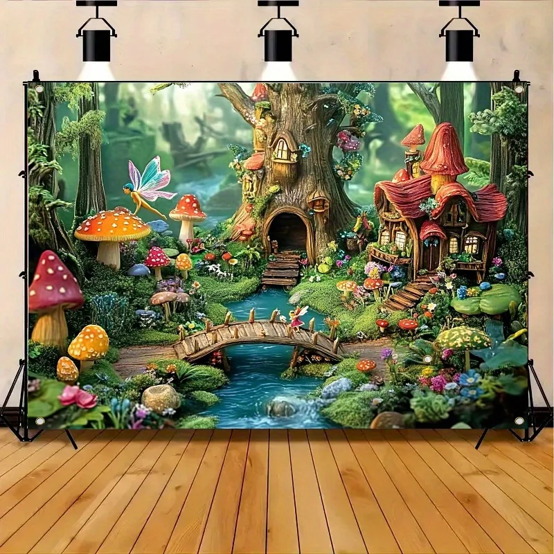 Ein magischer Pilzwälder-Polyester-Hintergrund, eine lebendige Märchenszene, perfekt für Frühlings- und Urlaubspartys – Detail 5