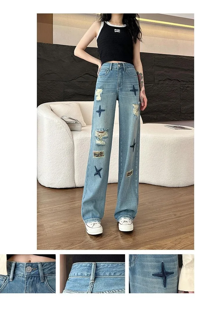 2023 Spring/Summer Thin Cut Hole Wide Leg Jeans, Small Stand, High Waist, Slim, Versatile, Straight Leg Floor Sweeper Pants