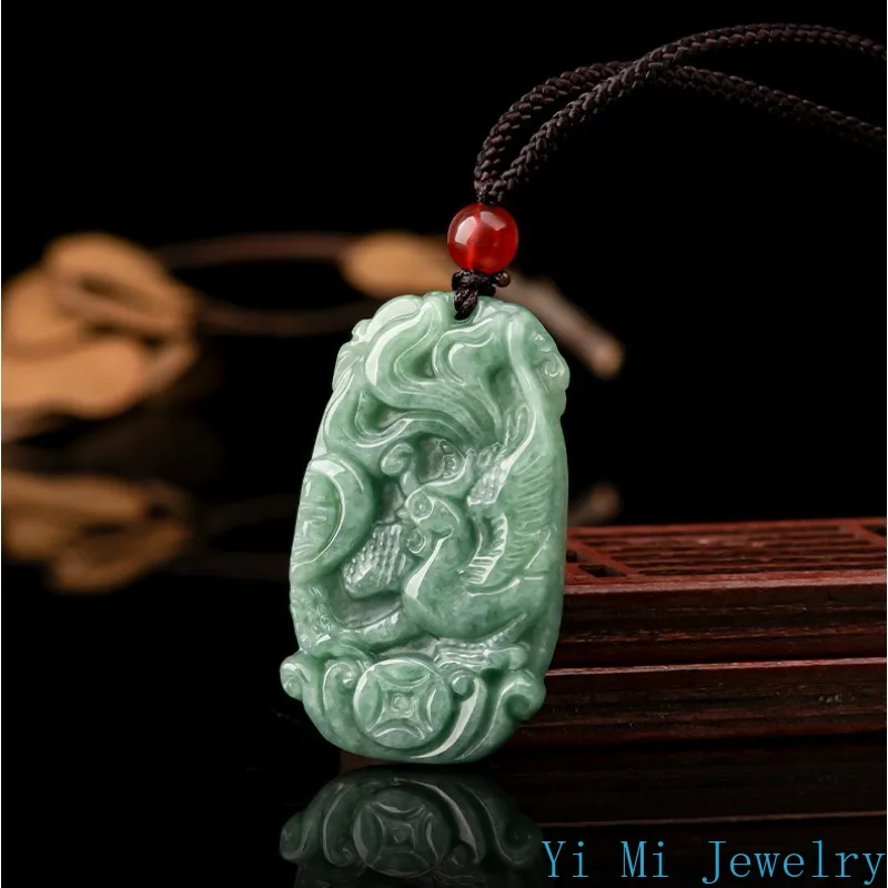 Natural A-grade Jade Pendant Bean Green Dragon Phoenix Brand Pair Set Couple Pendant Men's and Women's Jewelry Jade Necklace