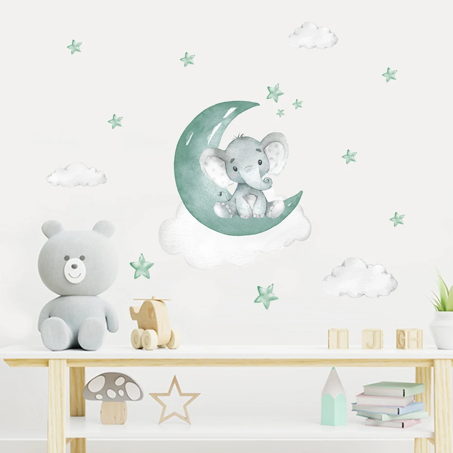 Wall Stickers Children Room Decoration Cartoon Elephant Moon Stars Blue Green Wall Stickers Nursery Removable Wall Decals Art Posters Kids Bedroom Interior Home Decor