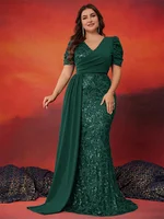Plus Size Elegant V-neck Sequins Evening Dress Women Short Sleeves Mermaid Formal Luxury Party Streamer Prom Dress - Image 5