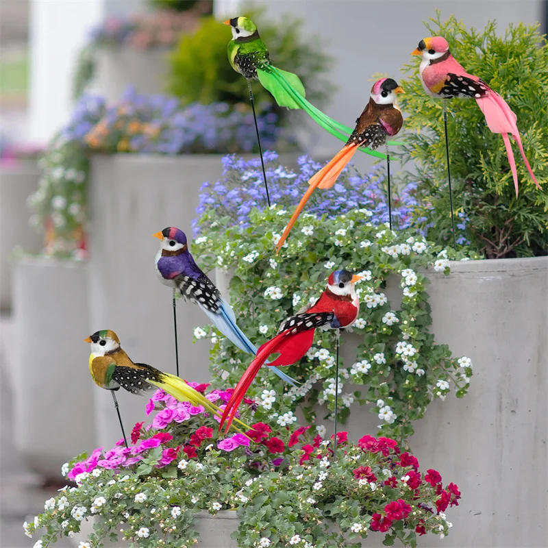 Estacas artificiales de espuma para pájaros, decoración de jardín y patio al aire libre, colorido 3d, pájaro falso simulado, decoración para el hogar, maceta, cama, 6 piezas