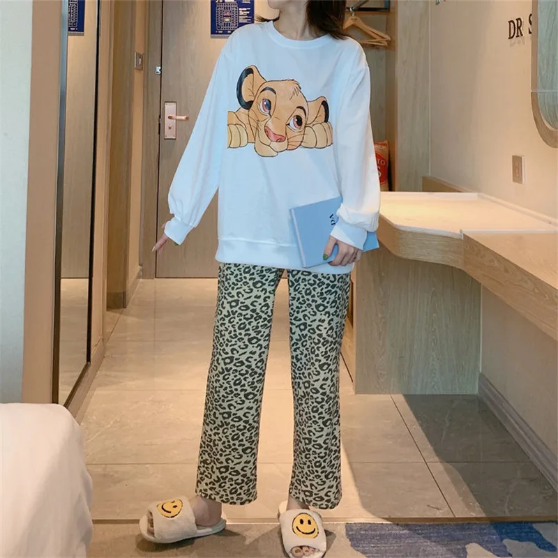 Disney Cartoon Lion King Simba Pajamas Women's Spring Autumn Long-sleeved Trousers New Girl 2pcs Leopard Print Homewear Suit 4