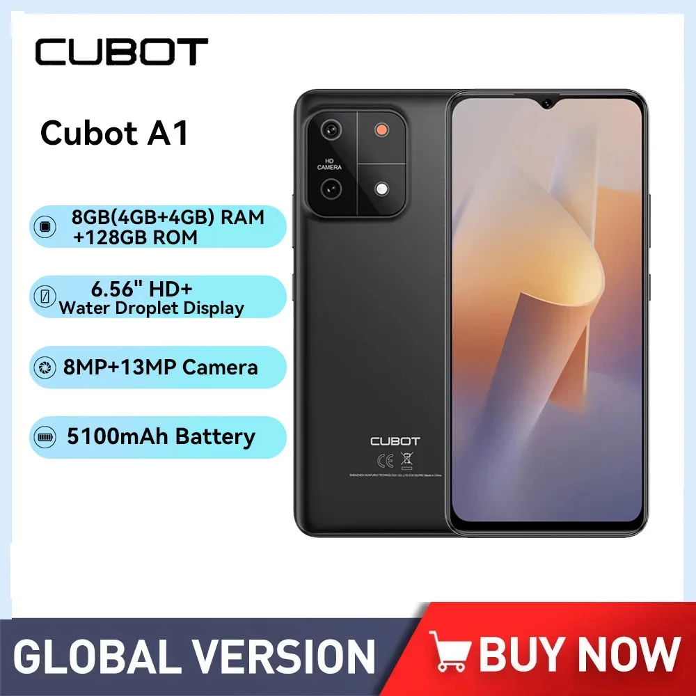 

Cubot A1 4G Cheap Smartphones 6.56 Inch Display Octa Core 8GB+128GB Android 13 Mobile Phone 5100mAh Battery 13MP Camera Face ID