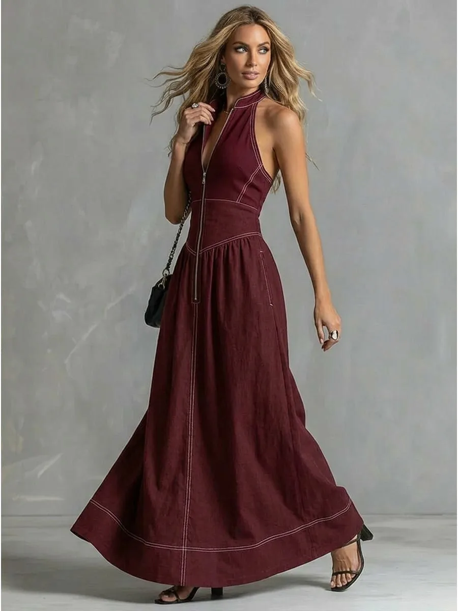 Yeezzi 2026 Neues Damen Trendiges Kontrastnähte Reißverschluss Stehkragen A-Linien-Kleid Plissierte Taschen Hochgeschnittenes Party-Maxikleid