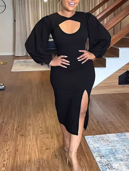 LW BASICS Plus Size dress Lantern Sleeve Cut Out Slit Dress 2023 Fashion NEW women's dresses party evening Elegant midi dress 1