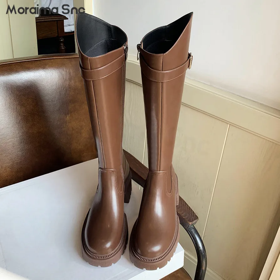 Belt Buckle Oblique Platform Long Boots Round Toe Thick Heel Knee-High Knight Boots Multi-Color Fashionable Casual Women's Boots