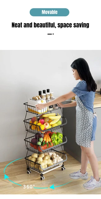 Werseon 6-Tier Fruit Vegetable Rack, Stackable Rolling Cart with Solid  Wood, Kitchen Storage Rack