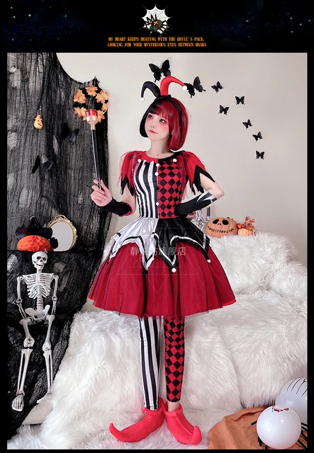 Disfraz de payaso de circo para mujer, tablero de ajedrez rojo Kawaii,  vestido de Lolita, sombreros