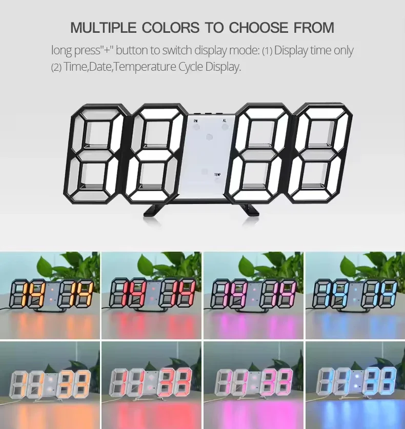 Colorful LED Desktop Clock with Dual-Time Display (Black Finish)