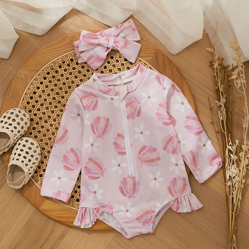 Children Swimwear Summer Baby Girls Swimsuit Beach Wear Cute Princess Infant Swimwear Floral/Ice Cream Print Long Sleeve Zip Up Kids Bathing Suit