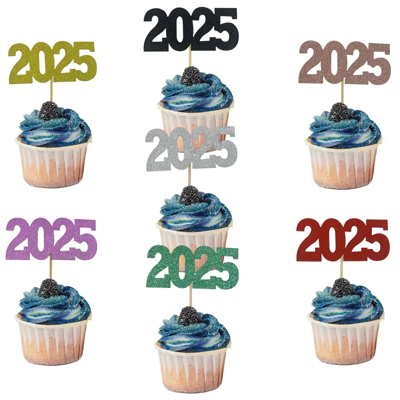 12Pcs Glitter 2025 Number Cupcake Toppers Happy New Year Party Cake Decoration Christmas Graduation Party Home Navidad Supplies