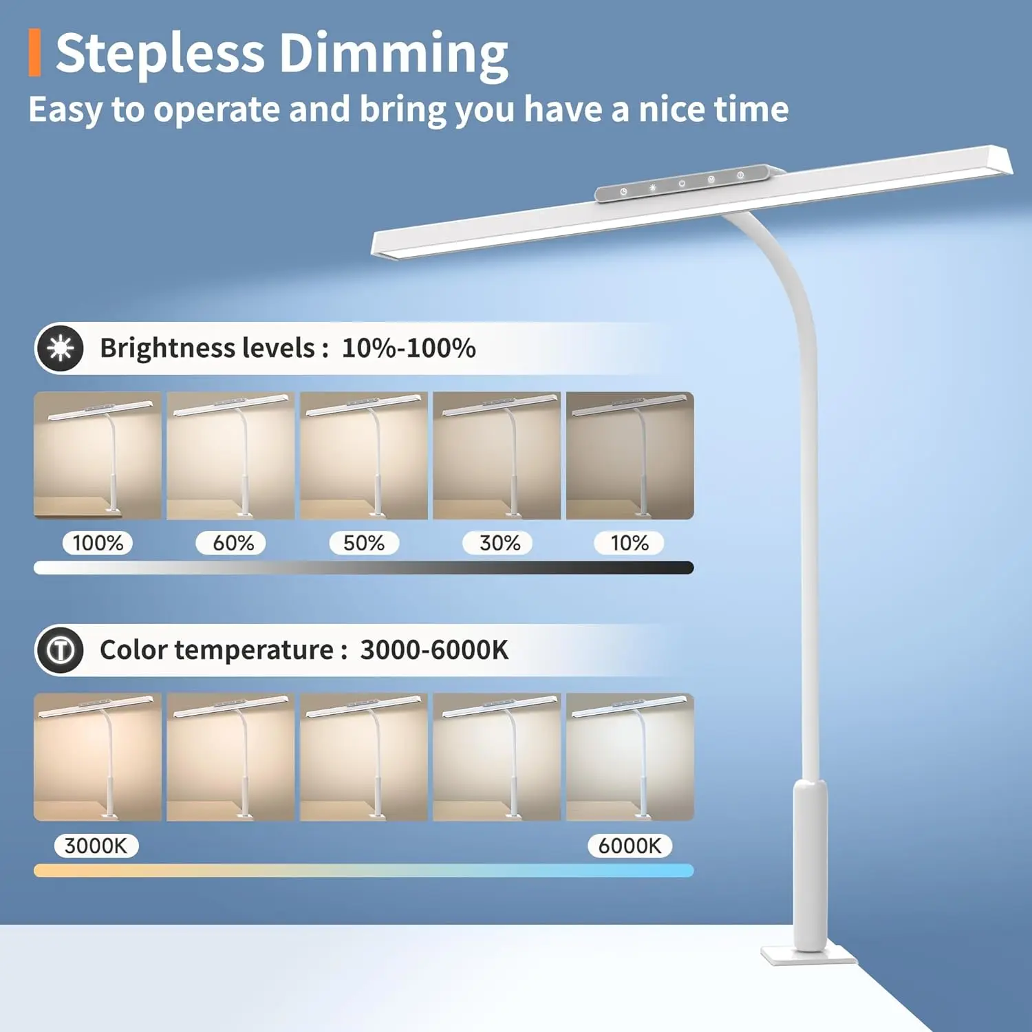 Desk Lamp, 3 Colors Stepless Dimming LED Desk Lamps for Home Office Adjustable Memory Desk Light with Clamp Touch Control 3