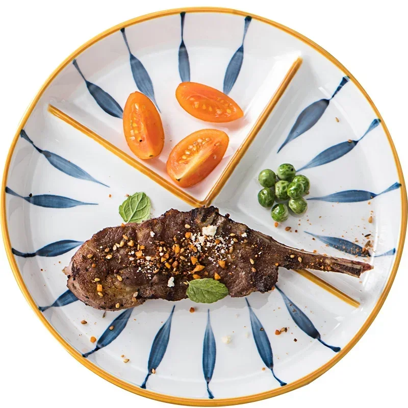 Ceramic Dinner Plate Japanese Hand Drawn Three Grid Plate 1person Family Breakfast Fat-reducing Quantitative Divider