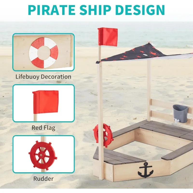 Sandbox with Cover Wooden Sandbox with Storage Bench Seat Sink Outdoor SandBox for Backyard Garden Sand Boxes Sandpit Light Wood 3
