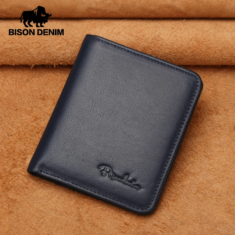 BISON DENIM-100% 정품 가죽 클래식 남성 지갑, 미니 쇼트 남성 지갑 카드 홀더 소프트 소가죽 머니 백 브랜드 럭셔리 선물