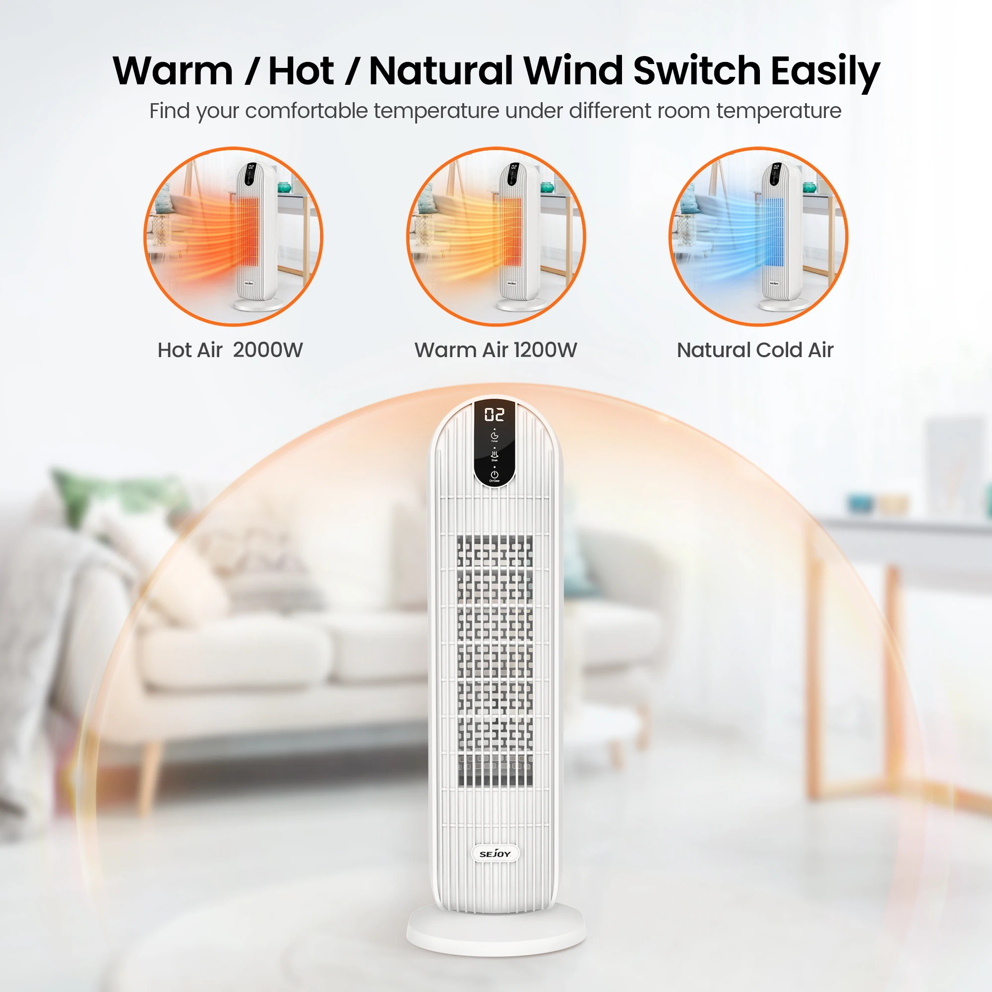 Sejoy 2000W Electric Heater Home 3 gears 220v EU Plug Space Heater PTC Ceramic Heater,with Timing,Automatic Swing,Heating Fans 3