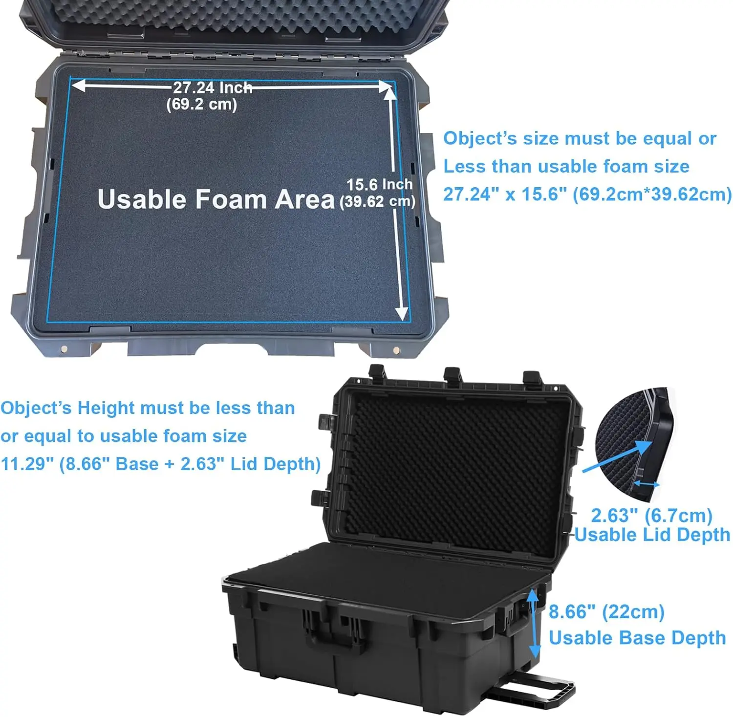 Waterproof Hard Case, 33"x 21"x 14", Equipment Case with Wheels/Customizable Foam,Gear Roller Case for cameras lenses Camcorder, 3