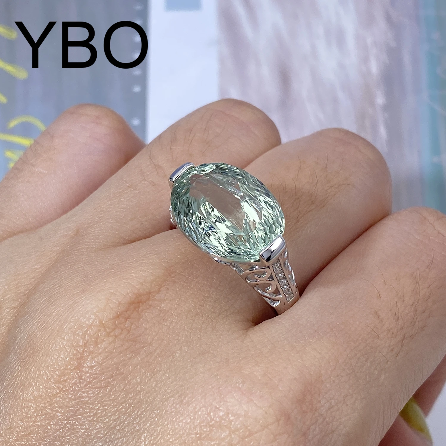 

YBO 925 Sterling Silver Oval Natural Green Crystal Rings 10.25Ct Gemstone Fine Jewelry Finger Ring Wedding Party Dating Jewels