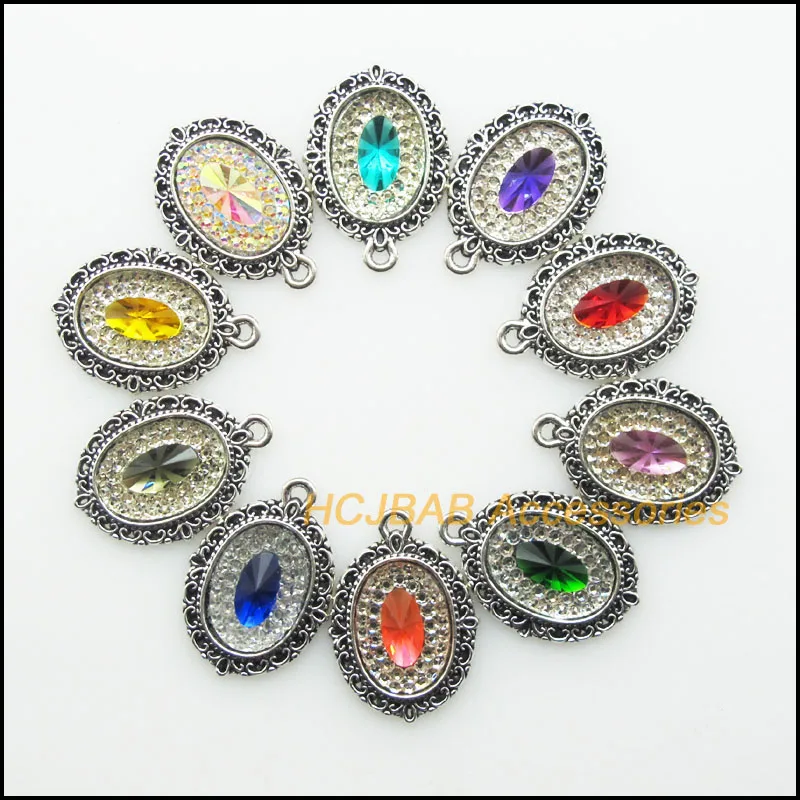 

10Pcs Antique Silver Color Retro Mixed Resin Oval Flower Charms Pendants 16x23mm