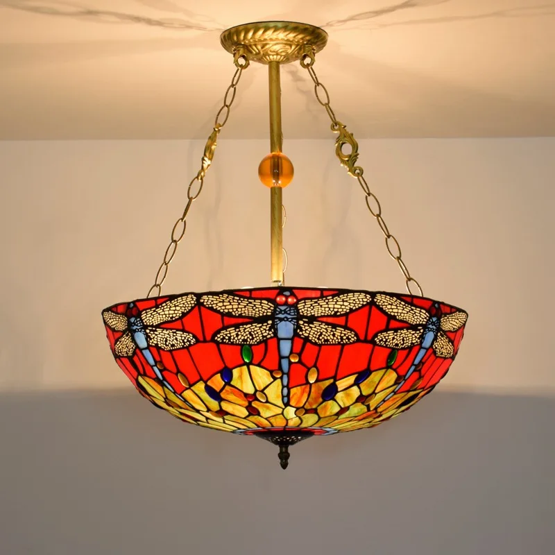 

50CM American Retro Red Background Dragonfly Olutini Tiffany Stained Glass Living Room Dining Room Bedroom Chandelier