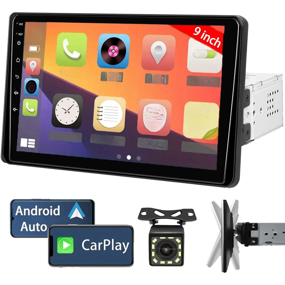 Radio estéreo de un solo Din para coche de 9 pulgadas con Apple Carplay y Android Auto, receptores de Audio para coche Bluetooth, cámara de respaldo, enlace de espejo, FM 1