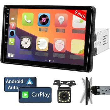 Radio estéreo de un solo Din para coche de 9 pulgadas con Apple Carplay y Android Auto, receptores de Audio para coche Bluetooth, cámara de respaldo, enlace de espejo, FM 1