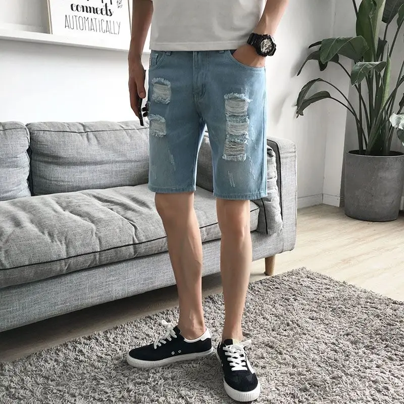 Ripped Denim Shorts Men's Five-point Summer Pants Korean Version 5-point Beggar Thin Men's Medium Pants