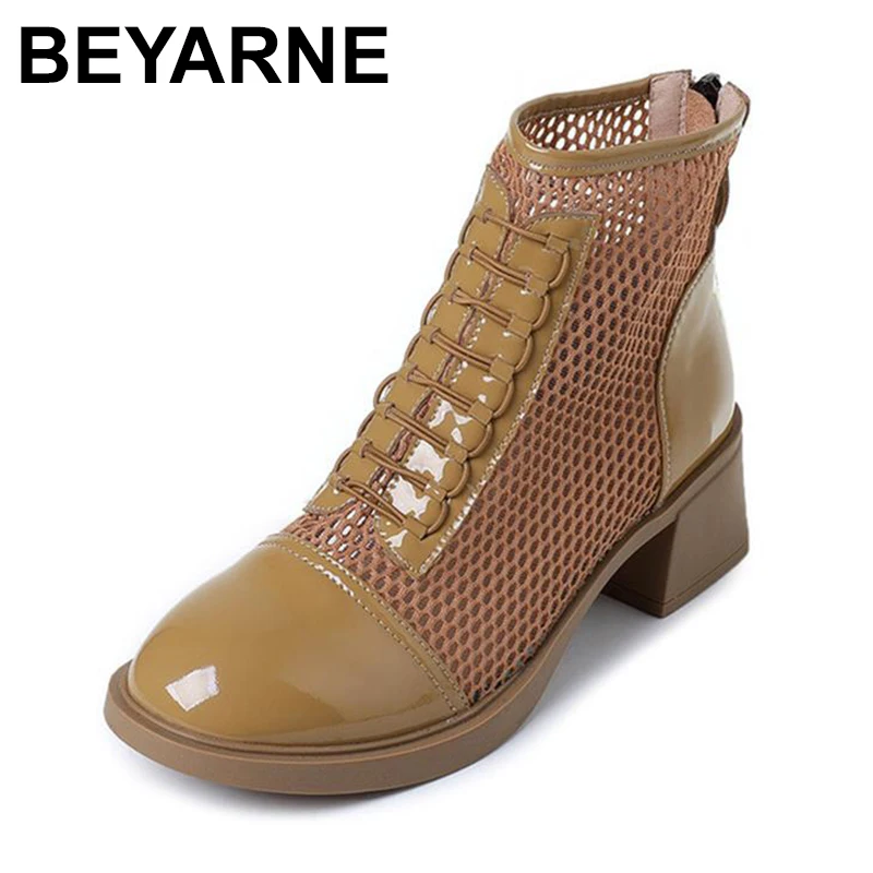 

Summer Women Patent Genuine Leather Ankle Boots Mesh Women Sandals Round Toe Ladies Shoes Cool Boots Large Size 35-43