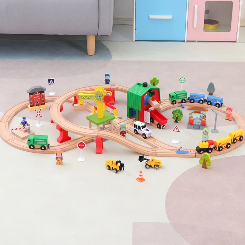 

Magnetic Train Toy Car Wooden Rail Car Package Double Tower Track Set Children's Assembly Building Blocks Educational Toys Boys