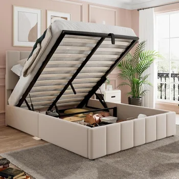 Merax Upholstered Platform Bed with Hydraulic Storage System, Wooden Slat Support and Under Bed Storage, Space-Saving Design, No 4