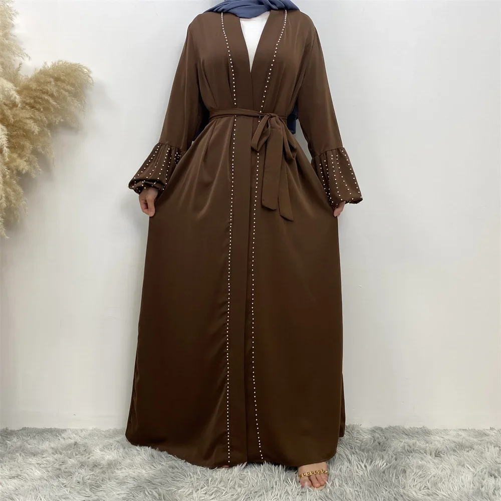 Abayas for Women Dubai 2024 Arabic Turkish Islamic Solid Color Beaded Lace-up Muslim Cardigan Robe Abaya Kimono Femme Musulmane