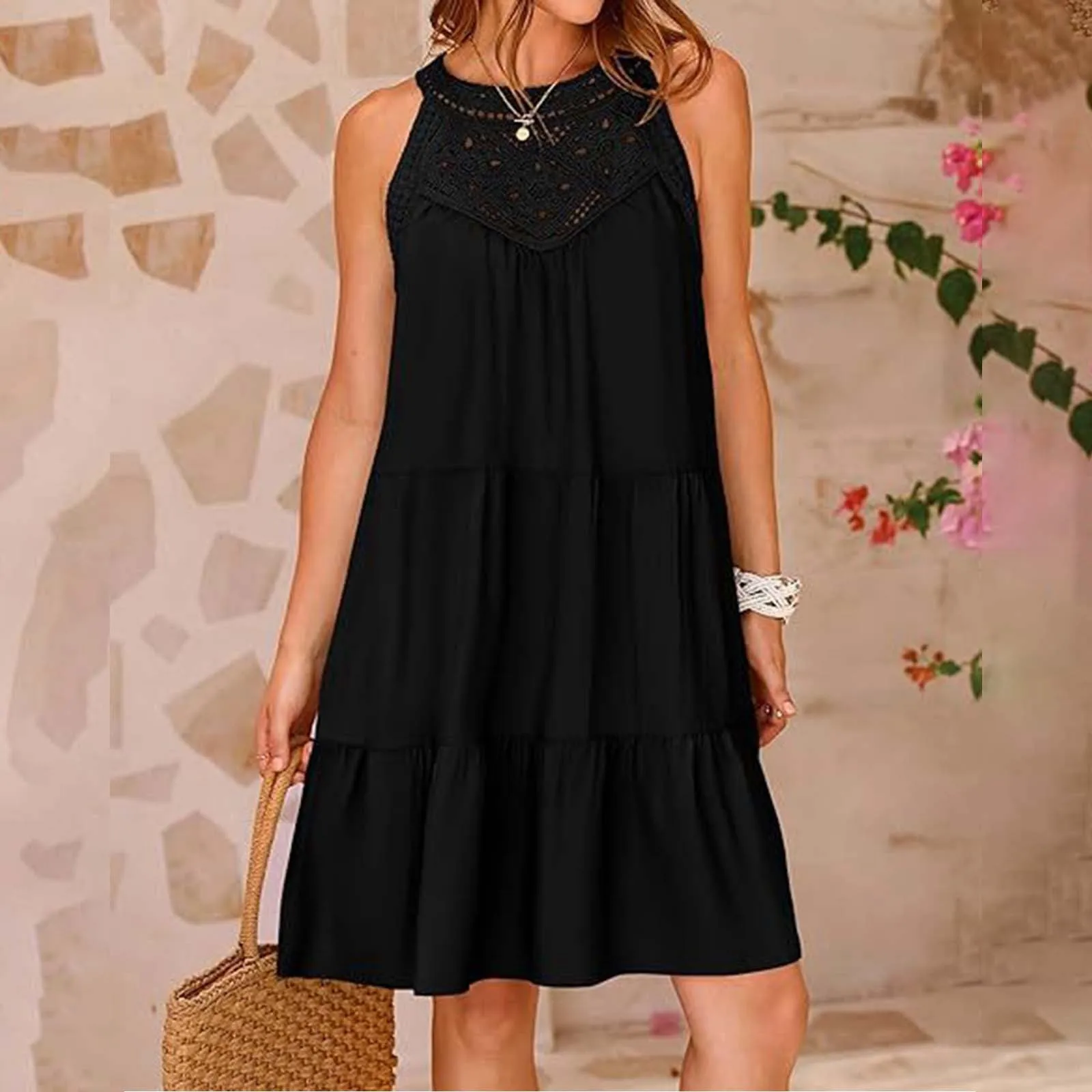 

Summer Women's Beach Dress Sexy Halter Sleeveless A-Line Mini Dress Casual Loose Swing Flowy Sundress Vestidos 2024