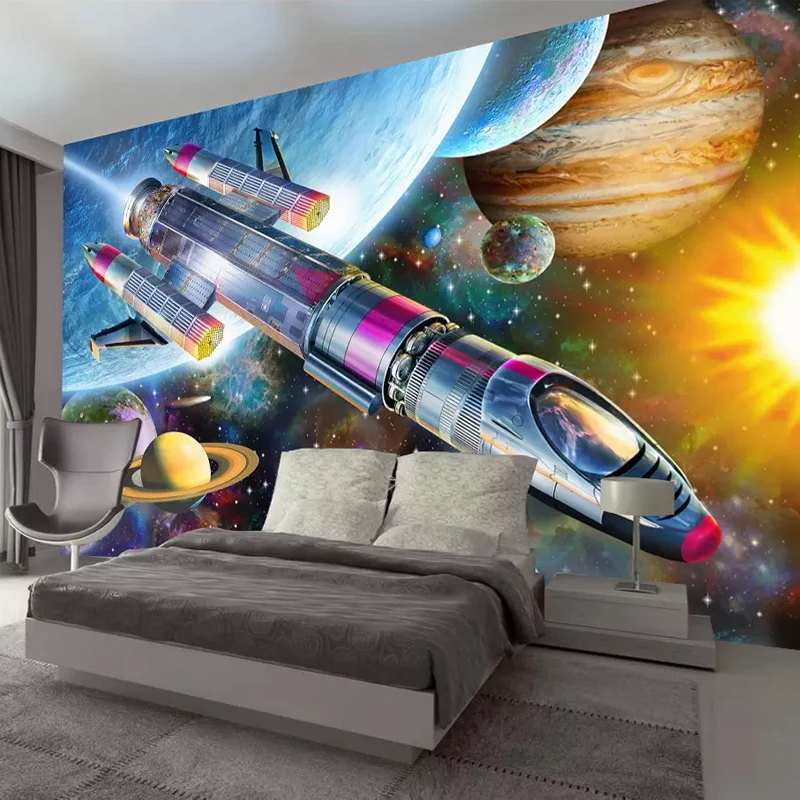 Papel de Parede Foto Personalizada 3d Poster Moderno Pintado à Mão do Espaço Universo Foguete de Desenho Animado Sala de Criança Quarto de Crianças