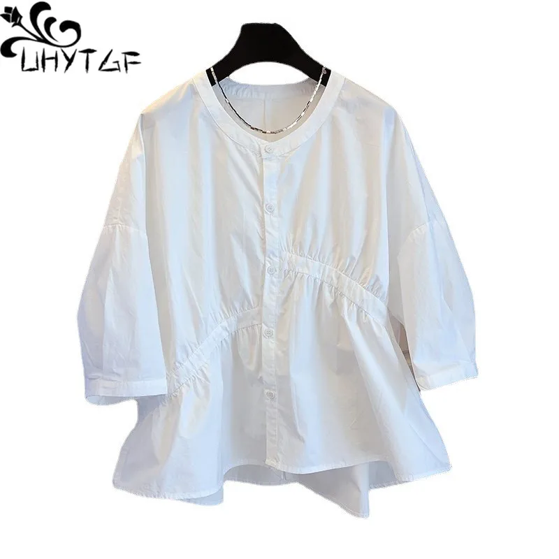 

UHYTGF 2023 Summer Shirts Women's Korean Loose Asymmetrical Fold Stitching Cotton Blouses Female Cardigan Thin Tops Ladies 2532