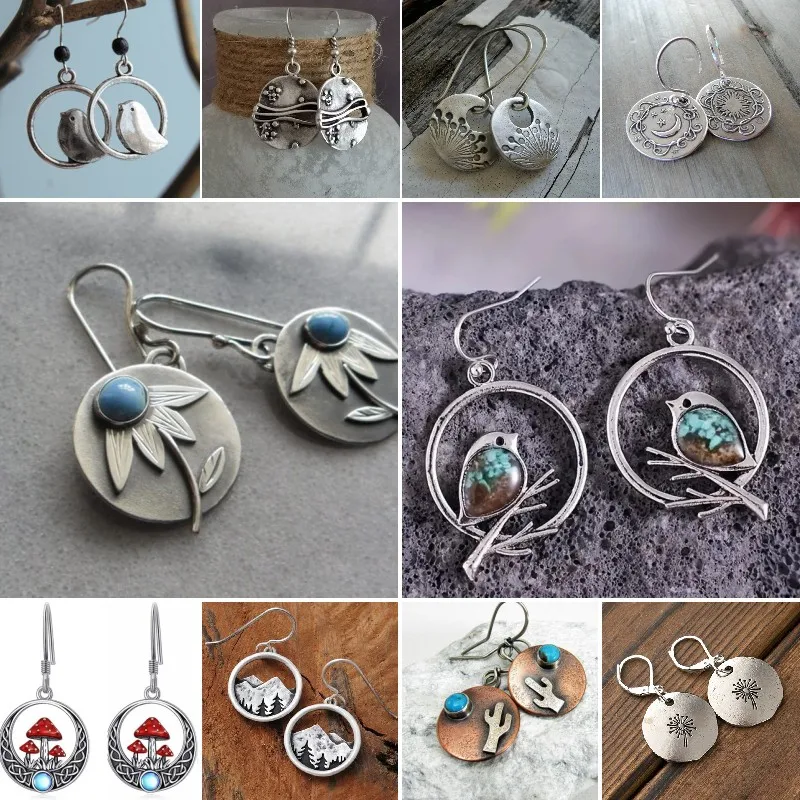 

Attractive circular cartoon landscape pattern silver female earrings metal inlay pendant earrings jewelry fashion party gift
