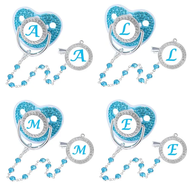26 Initial Baby Pacifier Clip Blue Zircon Newborn Personalized Luxury Pacifiers Holder Silicone Infant Teether Nipple BPA Free