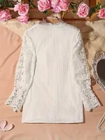 Plus size women's shirt with lace puff sleeves and lantern sleeves, solid pleated women's shirt - Image 2