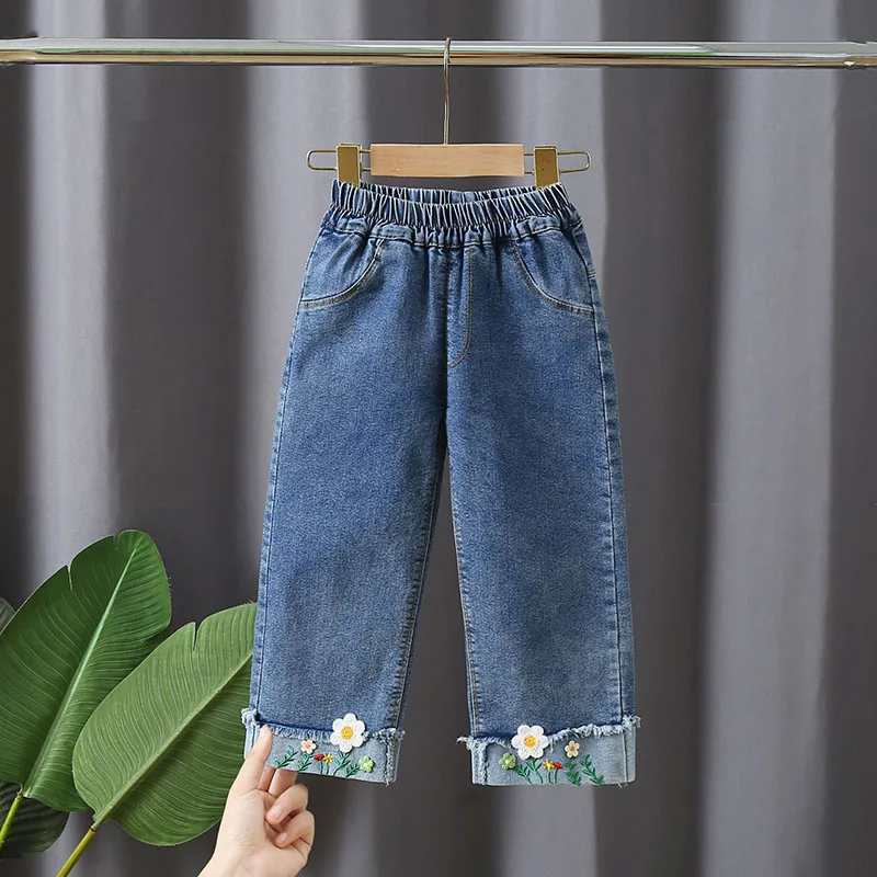 Girls Blue Denim Jeans with Cherry Flower Embroidery