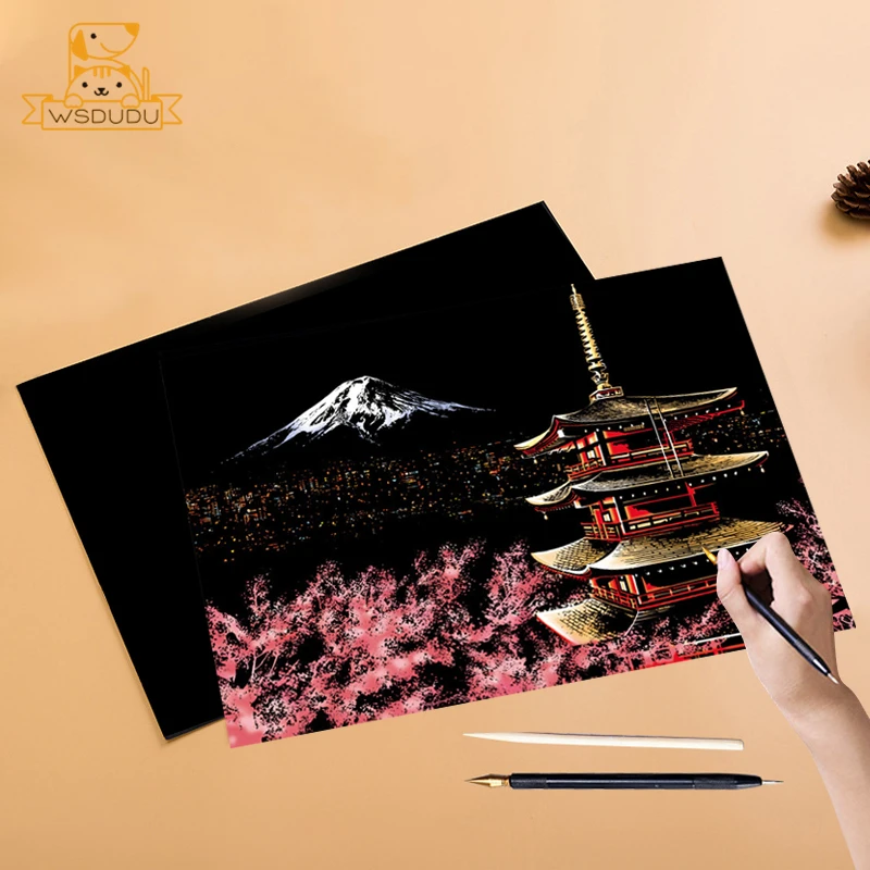 2PCS Scratch Paper Painting Kit Amusement Park Art Night Scene World Landmarks Magic Drawing Toys with Pen Crafts Adult Kid Gift scratch paper painting kit