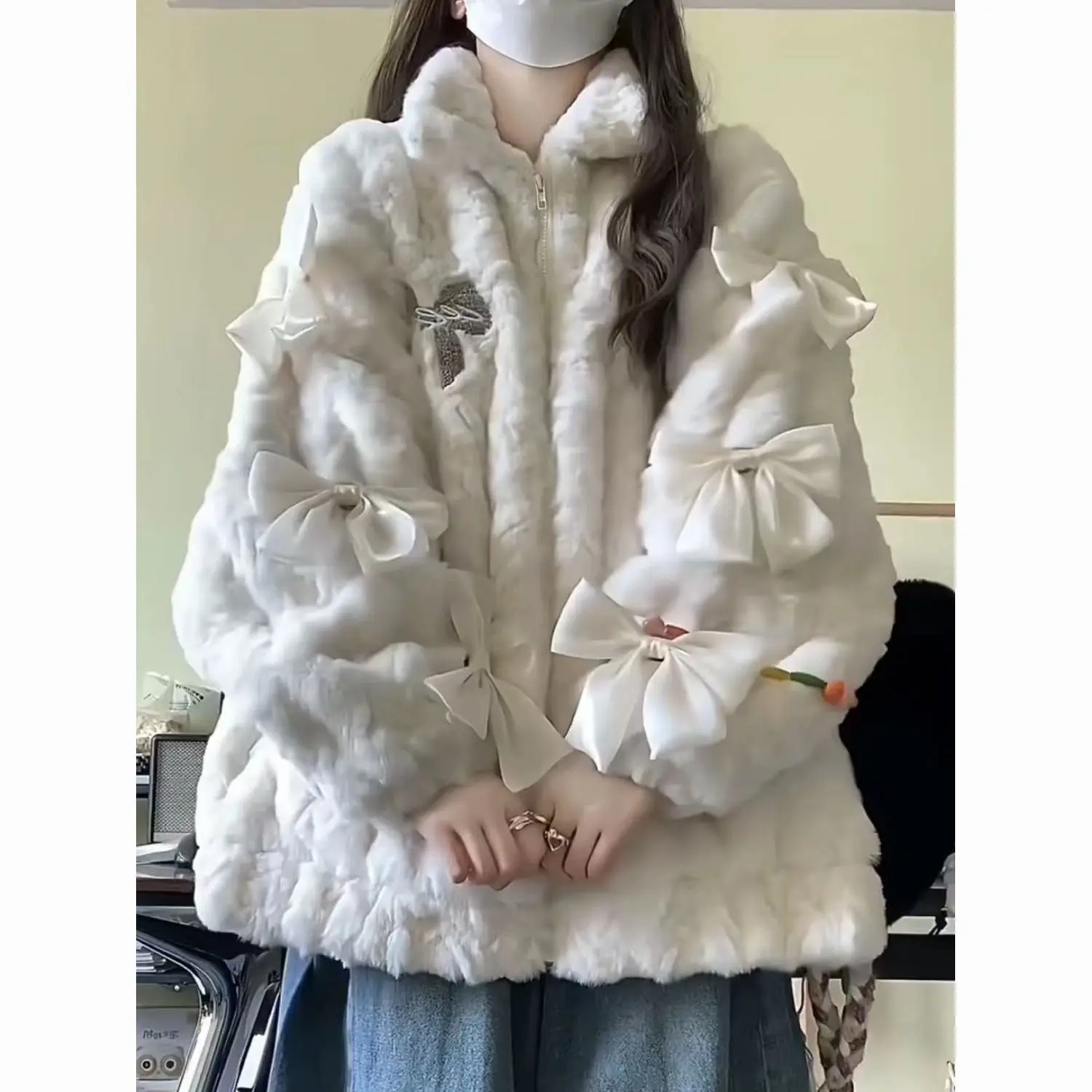 Preppy Style Sweet Bow Soft Lamb Wool Coat Winter Clothes Women Thick Fashion Stand Collar Loose Casual All Match Jackets