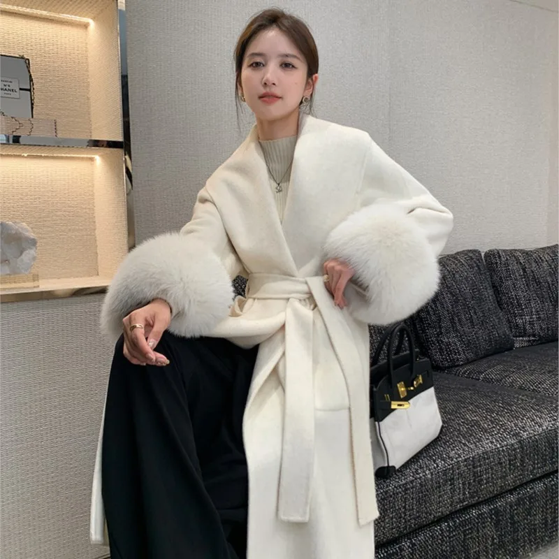 

2023 New Women Woolen Coats Double Face Alpaca Wool Clothing Long with Fox Fur Cuffs Fashion Atumn Jacket Lady Elegant Outerwear