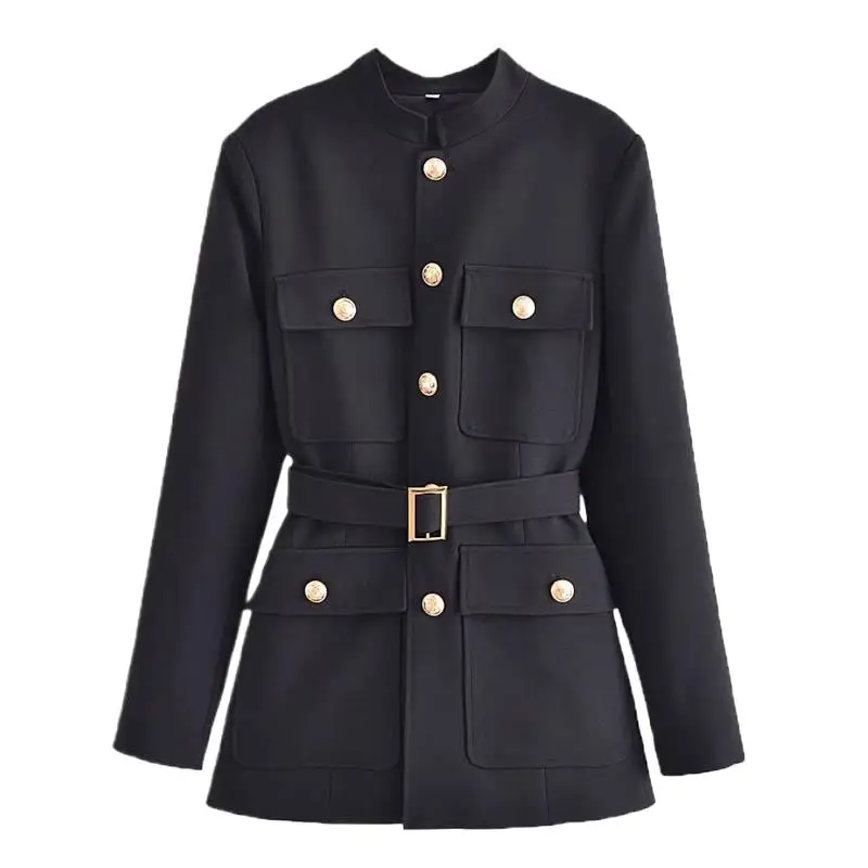 

Stylish Shacket Belt Blazers Single Breasted Black Blogger Woman Outwears Pocket PB&ZA Chic Female