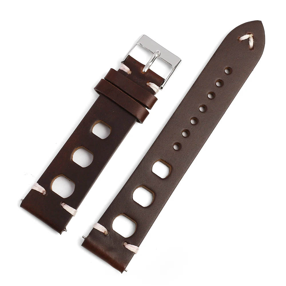 Vintage Genuine Leather Racing Watch Band with Quick Release and Breathable Design, Handmade Stitching